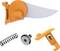 Explodierte Ansicht eines Stahlmaßstabs, der das Gehäuse, die Klinge, die Feder, die Spule und die orangefarbenen Sperr-/Clipteile zeigt, die auf weißem Hintergrund voneinander getrennt sind.