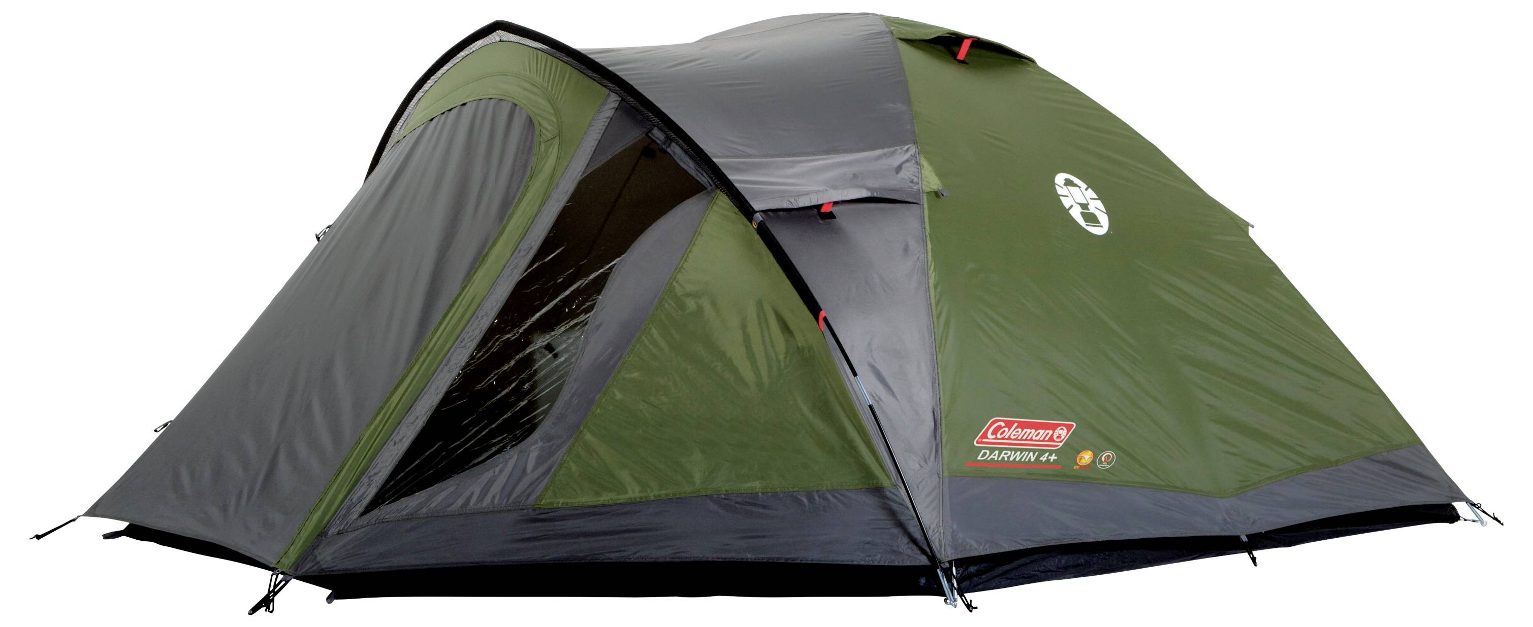 Grünes und schwarzes Coleman-Kuppelzelt zum Camping mit Vordertür und Regenschutz, auf weißem Hintergrund dargestellt.