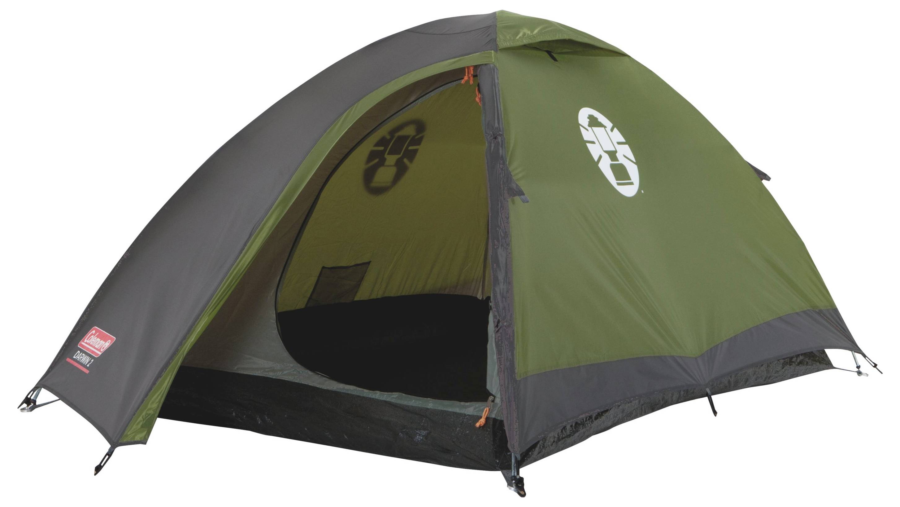 Grünes und graues Kuppel-Campingzelt mit offener Vordertür, gezeigt auf weißem Hintergrund.