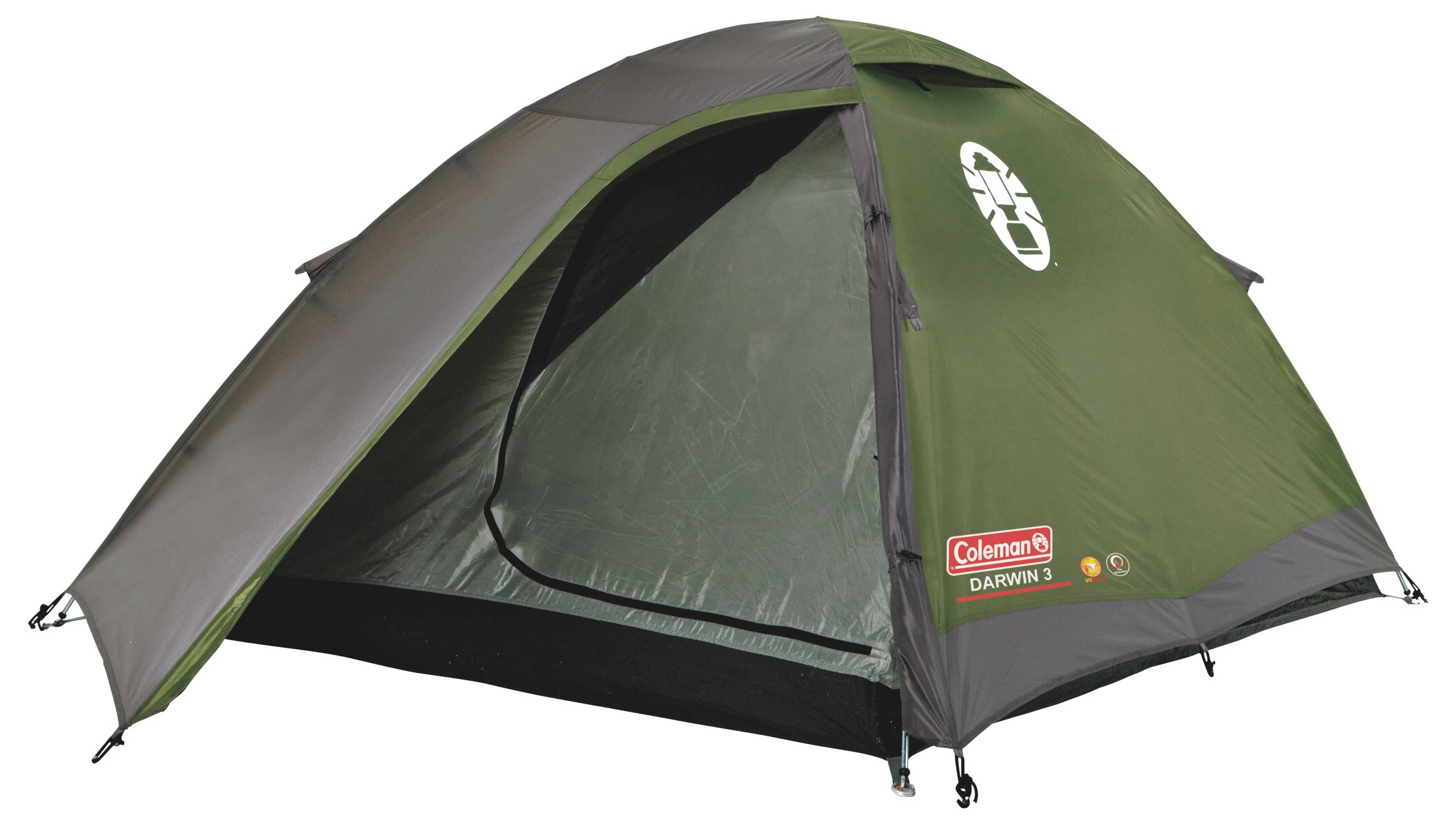 Grünes Coleman Darwin 3-Personen-Campingzelt mit Regendach, offener Vordereingang auf weißem Hintergrund.