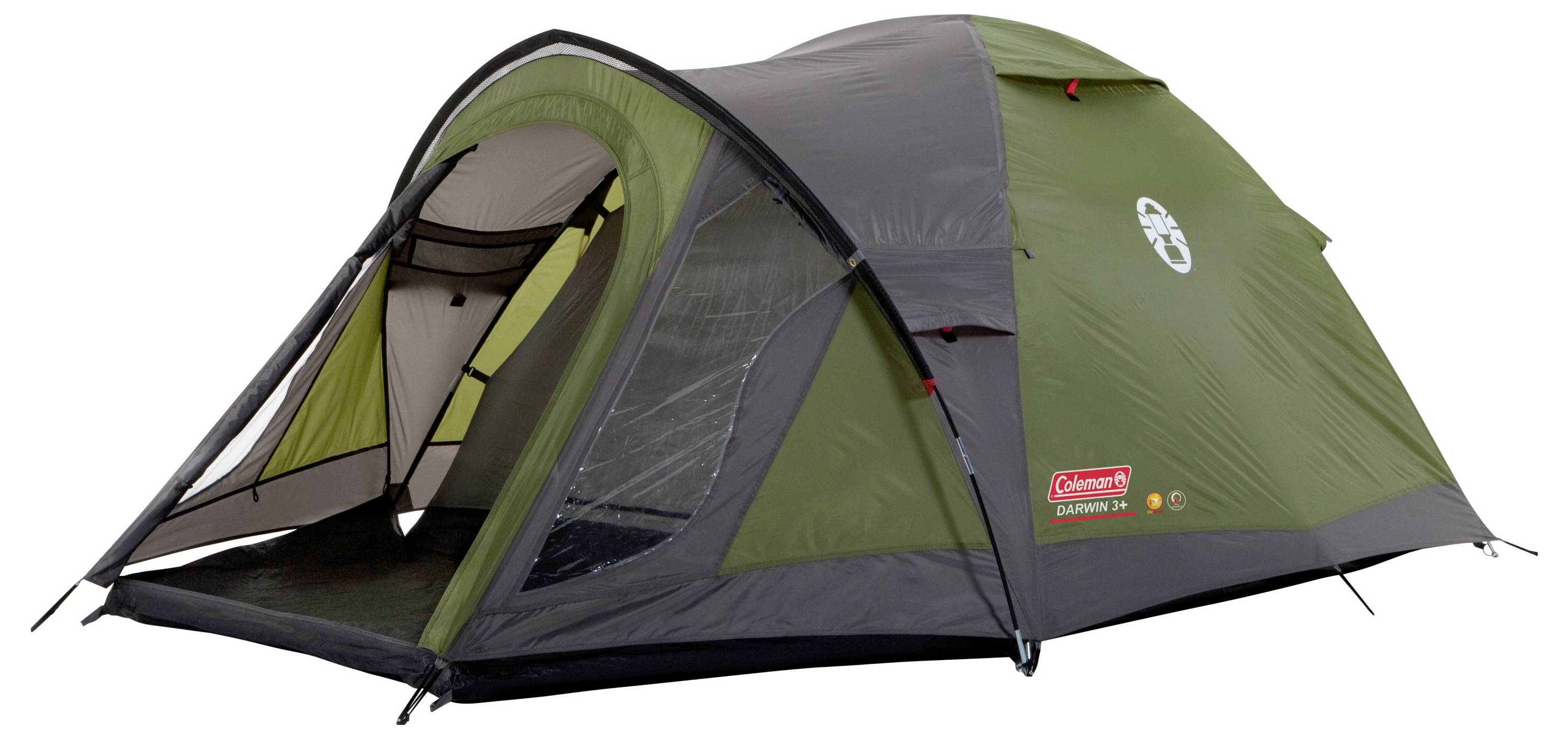 Grünes Coleman-Kuppelzelt zum Camping mit Regenvordach, Meshür und vorderer Markise, dargestellt auf weißem Hintergrund.