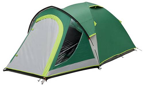 Grünes und graues Kuppel-Campingzelt mit vorderem Regenschutz und Reißverschlusszugang, gezeigt auf weißem Hintergrund.
