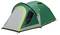 Grünes und graues Kuppel-Campingzelt mit vorderem Regenschutz und Reißverschlusszugang, gezeigt auf weißem Hintergrund.