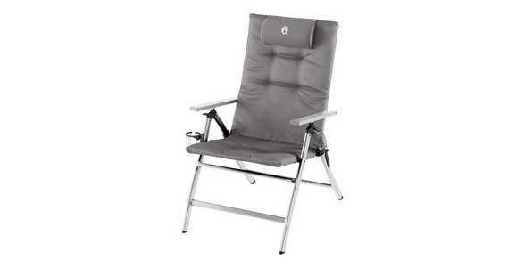 Grauer Klapplounge-Stuhl mit gepolstertem Sitz und Rückenlehne, Metallrahmen und Armlehnen auf weißem Hintergrund.