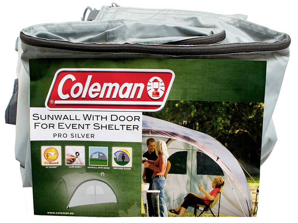Coleman Sunwall mit Tür für Event Shelter Pro Silber Tragetasche Paket mit Produktbild und Funktionssymbolen.