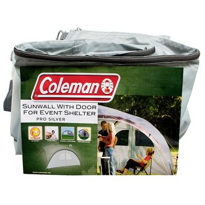 Coleman Sunwall mit Tür für Event Shelter Pro Silber Tragetasche Paket mit Produktbild und Funktionssymbolen.