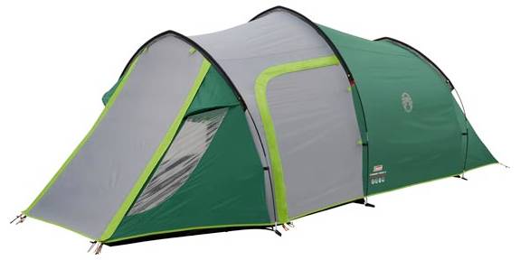 Grünes und graues Tunnel-Campingzelt mit vorderem Mückenschutz-Eingang, auf weißem Hintergrund dargestellt.