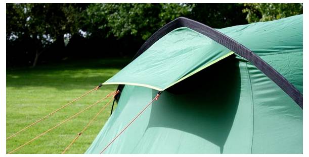 Nahaufnahme eines grünen Campingzelts mit Spannleinen, die in einer grasbewachsenen Außenfläche in der Nähe von Bäumen verankert sind.