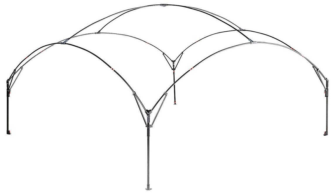 Illustration eines modularen kuppelartigen Baldachins mit mehreren gewölbten Stützen und einem zentralen Stützpfosten auf einfachem Hintergrund.