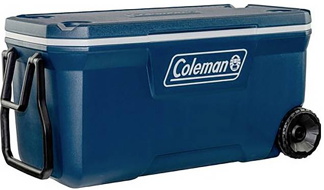 Blauer Coleman Hartschalenkühlbox mit Deckel, Seitengriffen und großem Schraubablasshahn