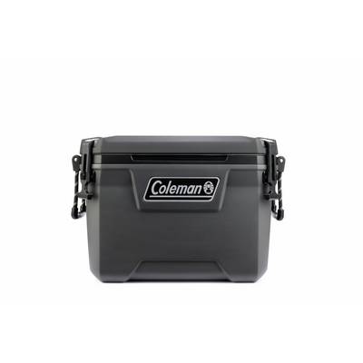 Schwarze Coleman-Hartschalenbox mit Verschlüssen und Seitengriffen, Vorderansicht auf weißem Hintergrund.