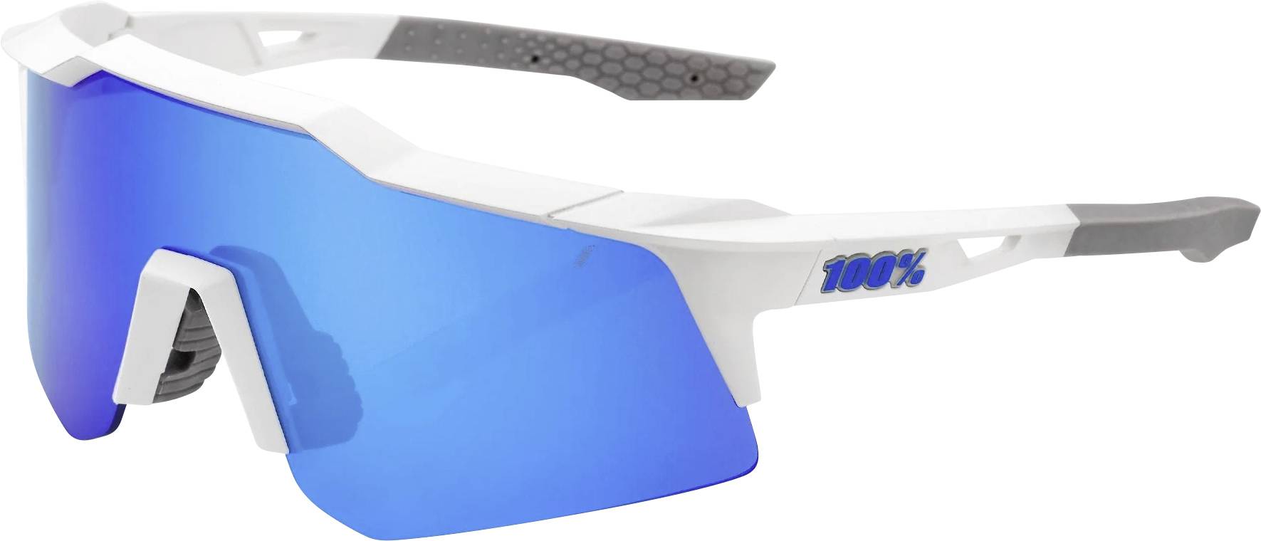Weiße Sportsonnenbrille mit Wraparound-Design, blauen verspiegelten Schutzlinsengläsern und „100%"-Logo auf dem Bügel.