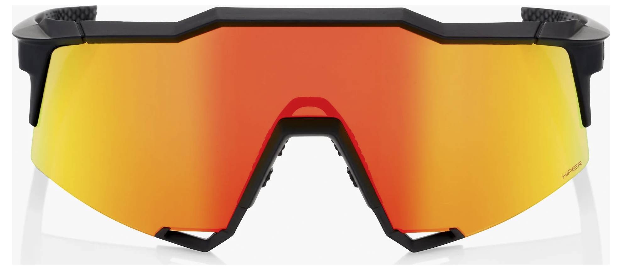 Orangefarbene verspiegelte Sportsonnenbrille mit Umlenkbügeln, schwarzem Rahmen und transparenten Seitenbügeln auf weißem Hintergrund.