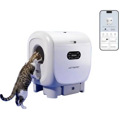 Katze, die eine selbstreingende automatische Katzentoilette mit einer auf einem Telefonbildschirm angezeigten mobilen App verwendet.