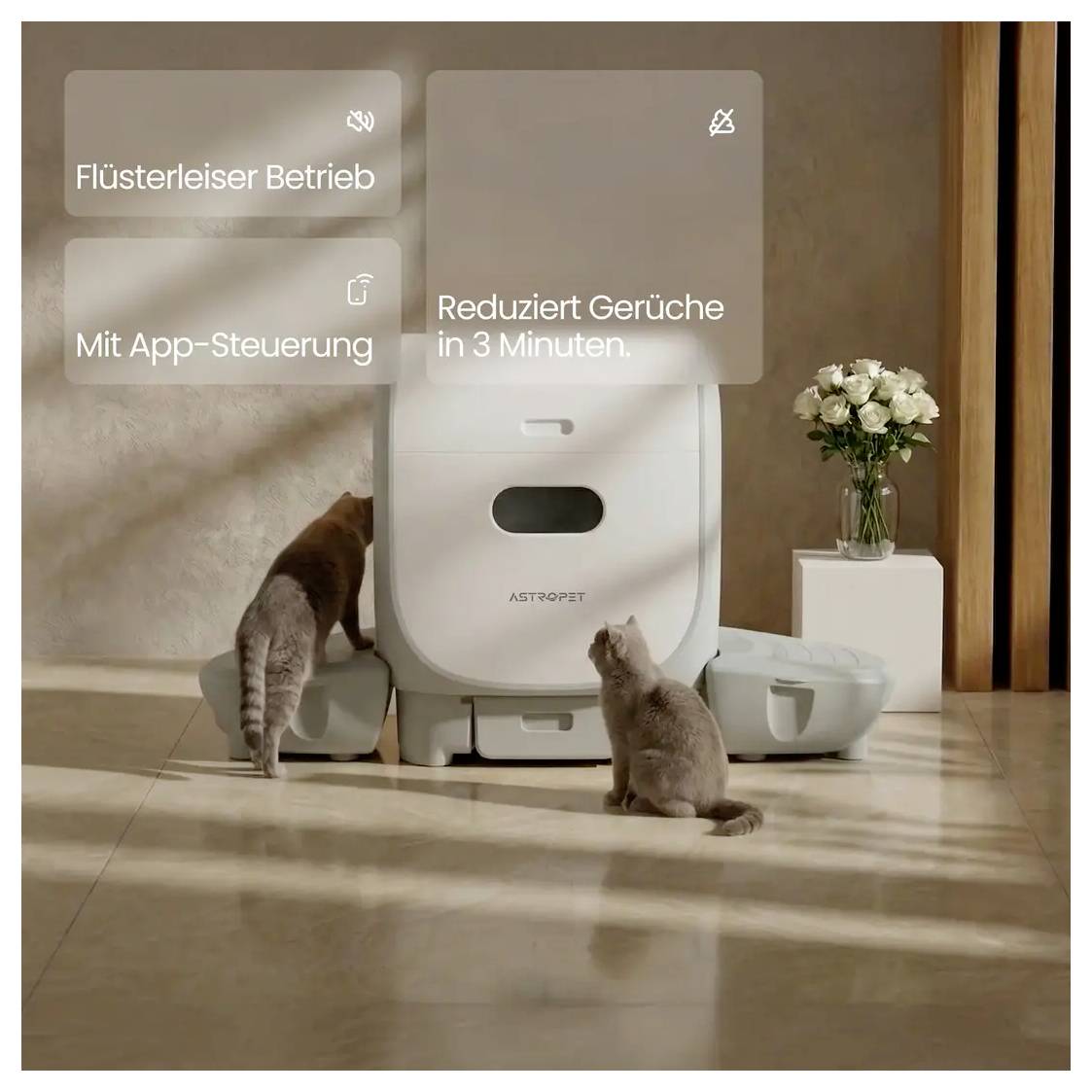 Zwei Katzen nutzen eine selbstreingende Katzentoilette in einem modernen Raum, mit deutschem Text, der den leisen Betrieb, die App-Steuerung und die Geruchsreduzierung in 3 Minuten bewirbt.