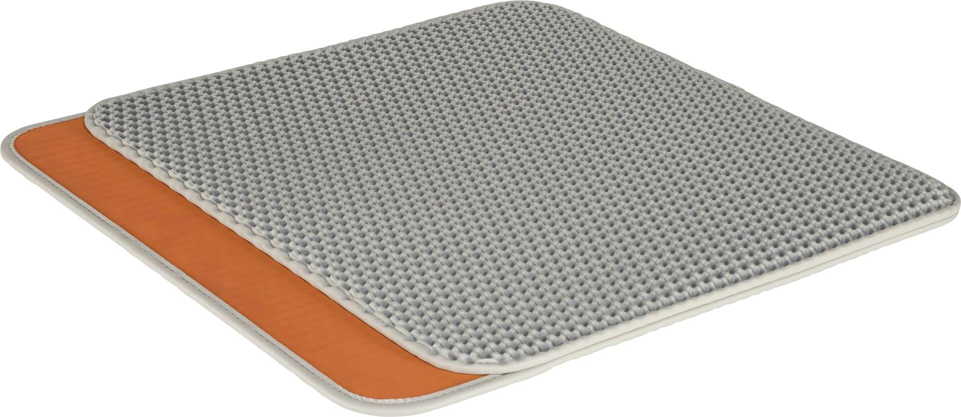 Zwei schichtige rechteckige Matten oder Pads, oben grau strukturiert und unten orange, leicht versetzt auf weißem Hintergrund gestapelt.