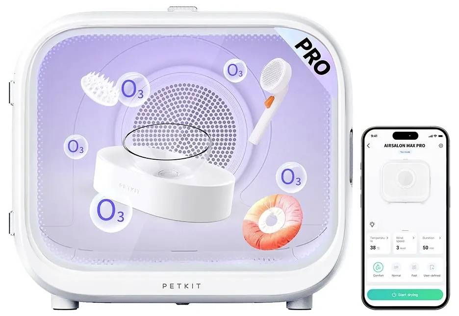 PETKIT AIRSALON MAX PRO Haustier-Trocknungsbox mit Smartphone-App-Steuerung daneben gezeigt, mit zirkulierenden O3-Symbolen und Grooming-Zubehör im Inneren.