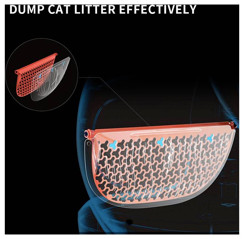 Katzenstreu-Schaufel mit Maschensieb in Gebrauch abgebildet, beschriftet mit „KATZENSTREU EFFEKTIV ENTSORGEN", die effizientes Sieben und Ausschütten veranschaulicht.
