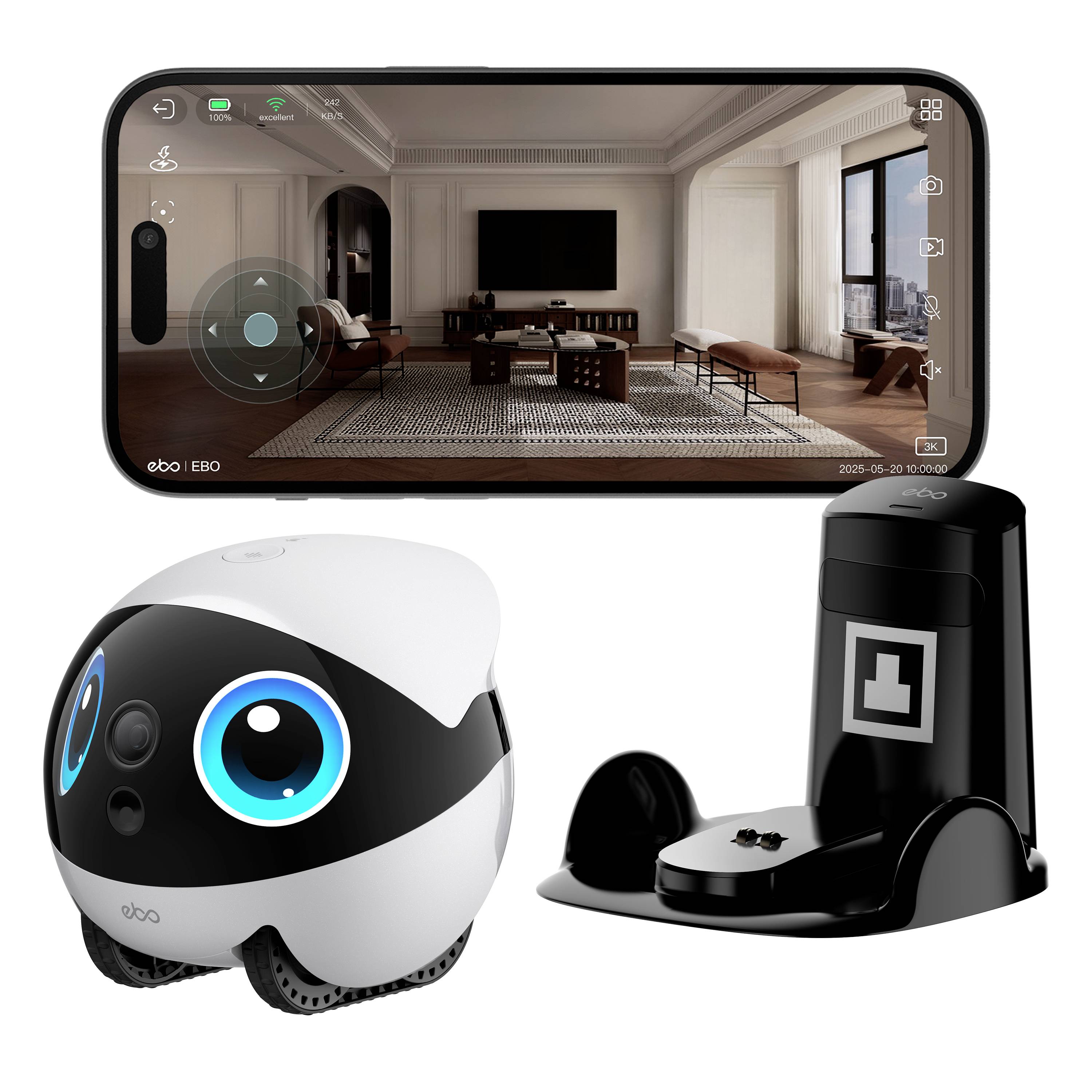 Intelligentes Heimsicherheitskamerasystem mit einer Wandanzeige, die einen Wohnzimmerfeed zeigt, und zwei EBO-Robotern, einer kugelförmigen mobilen Einheit und einer Dockingstation.