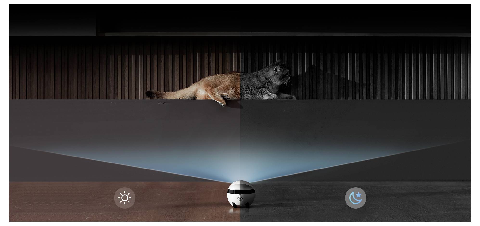 Smart-Home-Dashboard-Bildschirm mit einem Haustier, das auf einer dunklen Oberfläche liegt, mit einem Fußbodenlampenstahl, der auf ein zentrales Steuersymbol abzielt, und Helligkeits-/Nachtmodus-Steuerelemente darunter.