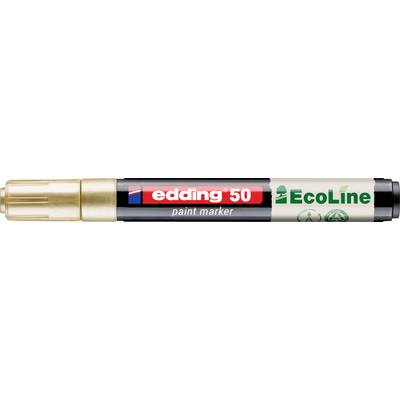 Edding 50 EcoLine Lackmarker mit goldenem Deckel, rotem Etikett und schwarzem Körper, horizontal auf weißem Hintergrund dargestellt.