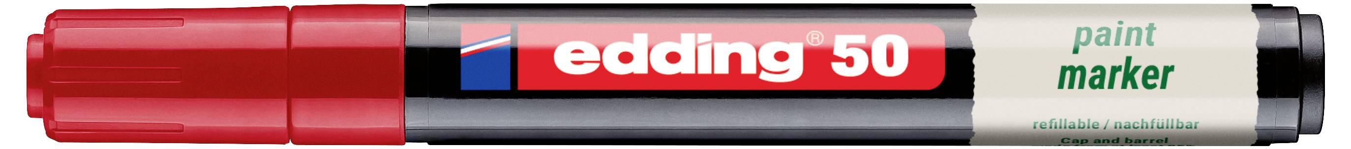 Roter Edding 50 Lackmarkerstift mit Kappe, mit der Aufschrift "edding 50" und "paint marker" auf dem Schaft.