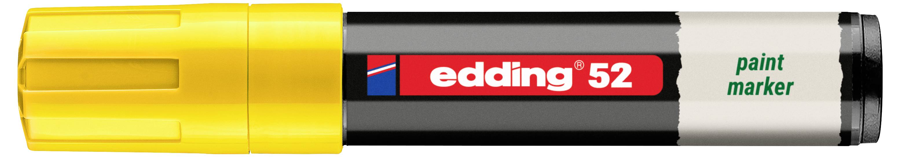 Ein gelb-grauer Edding 52 Lackmarker mit rotem Etikett und grünem "Lackmarker"-Text auf dem Schaft.