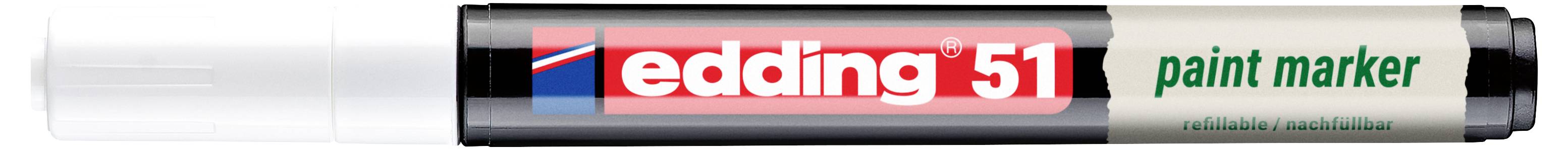 Ein schwarzer Edding 51 Lackmarker mit weißer Kappe und grüner Spitze, beschriftet mit „edding 51" und „paint marker".