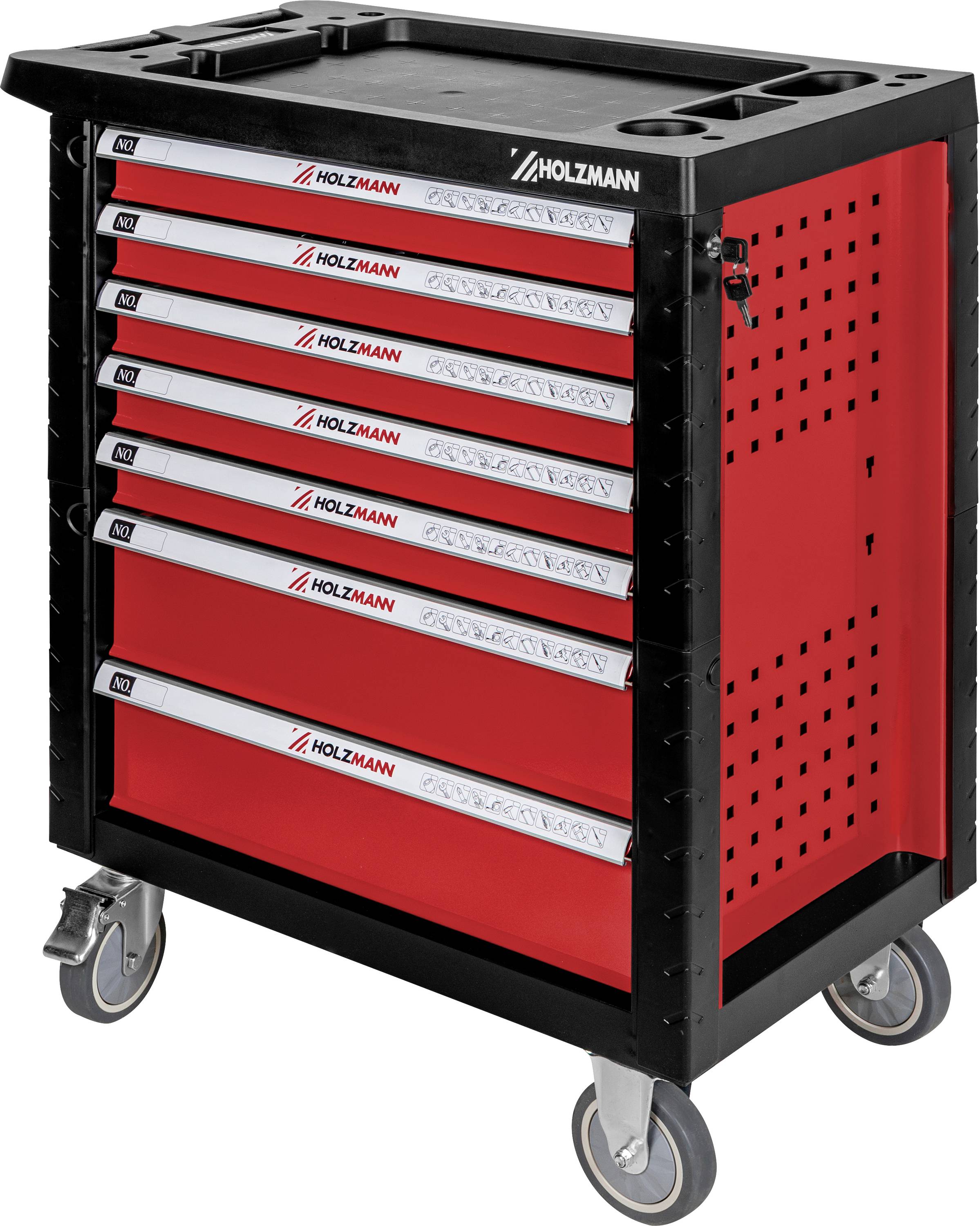 Rollbares Werkzeugschrank mit sieben roten Schubladen, schwarzem Rahmen, perforiertem Seitenpaneel und Lenkrollen.