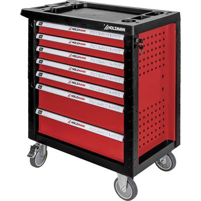 Rollbares Werkzeugschrank mit sieben roten Schubladen, schwarzem Rahmen, perforiertem Seitenpaneel und Lenkrollen.