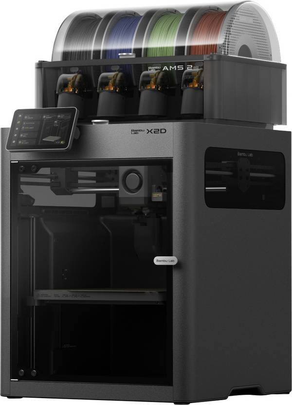 BambuLab X2D Combo (AMS 2 Pro) 3D Drucker Dual-Düsen-System (Dual Extruder), 12,7 cm Farb-Touchscreen, integrierte Kamera, App-Anbindung, Kammerheizung, beheizbares Druckbett, KI-Unterstützung, inkl. Materialsystem