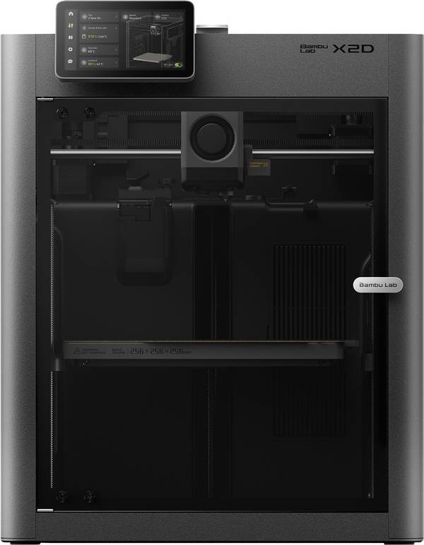 BambuLab X2D 3D Drucker  Dual-Düsen-System (Dual Extruder), 12,7 cm Farb-Touchscreen, integrierte Kamera, App-Anbindung, Kammerheizung, beheizbares Druckbett, KI-Unterstützung
