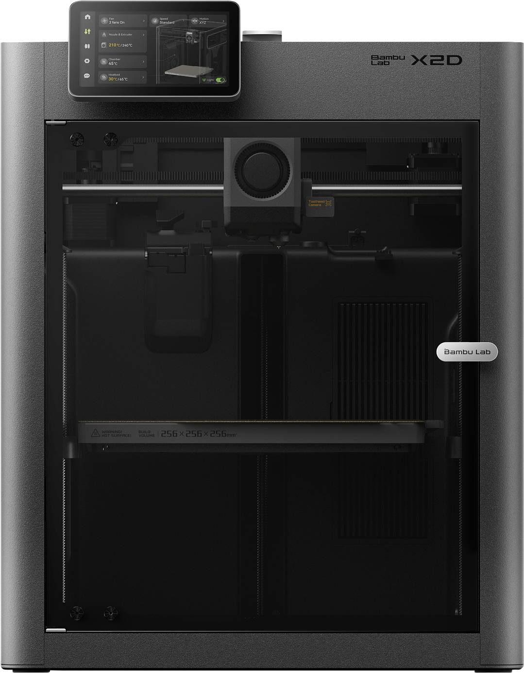 Frontansicht eines schwarzen Bambu Lab X2D geschlossenen 3D-Druckers mit Touchscreen-Display und sichtbarer Druckkammer.