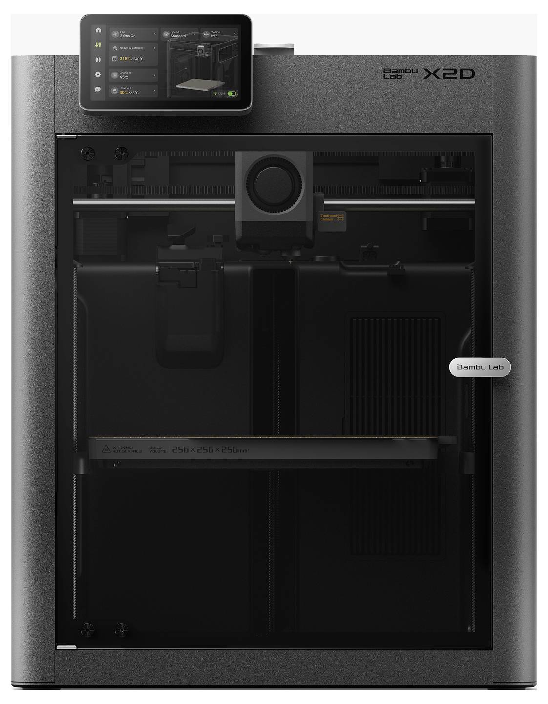 Vorderansicht eines Bambu Lab X2D 3D-Druckers mit einem Touchscreen-Display oben und einer geschlossenen Fronttür.