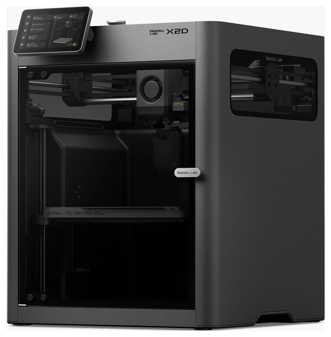 Schwarzer Bambu Lab X2D 3D-Drucker mit geschlossener Bauplattform und Touchscreen-Bedienfeld oben links.