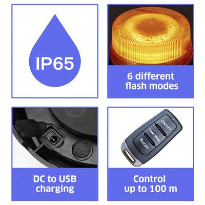 Vier Funktionskacheln: IP65-Wasserfestigkeit, Bake mit 6 Blitzmodi, DC- bis USB-Ladung und Fernbedienung bis zu 100 m.