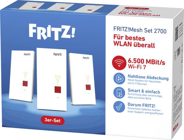FRITZ! WiFi 7 Repeater FRITZ!Mesh Set 2700 3er-Set 20003143 WLAN, LAN 6.5 GBit/s WiFi 7, Mesh-fähig, App-Unterstützung