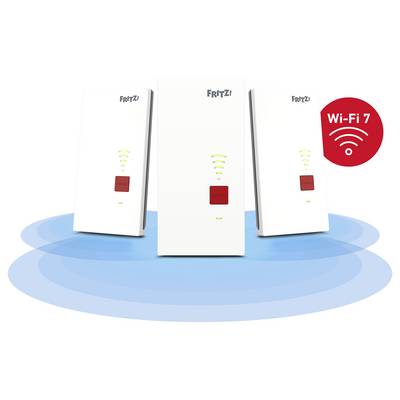 Drei FRITZ! WLAN-Router auf einer blauen Signalwelle mit einem roten "Wi-Fi 7"-Abzeichen oben rechts.