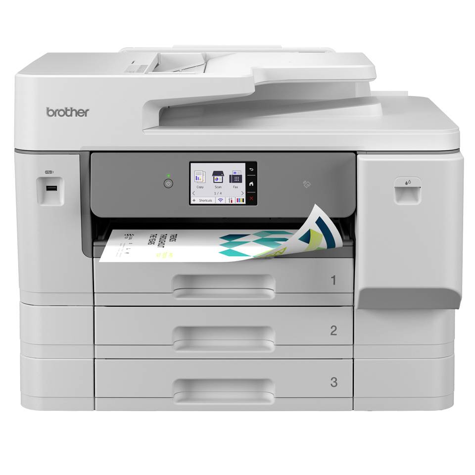 Weißer Brother Multifunktionsdrucker mit Touchscreen, Ausgabefach und drei Papierschubladen, der ein Dokument druckt