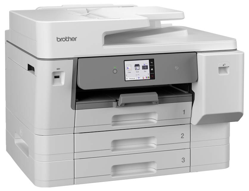 Brother Multifunktionsdrucker mit Touchscreen-Bedienfeld und drei Papierfächern