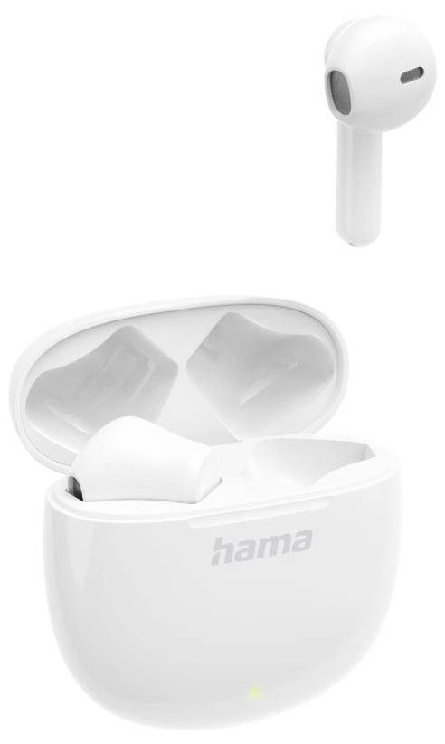 Weiße kabellose Ohrhörer mit offener Lademuschel, gezeigt in einem produktstilisierten Bild mit dem "hama"-Logo.