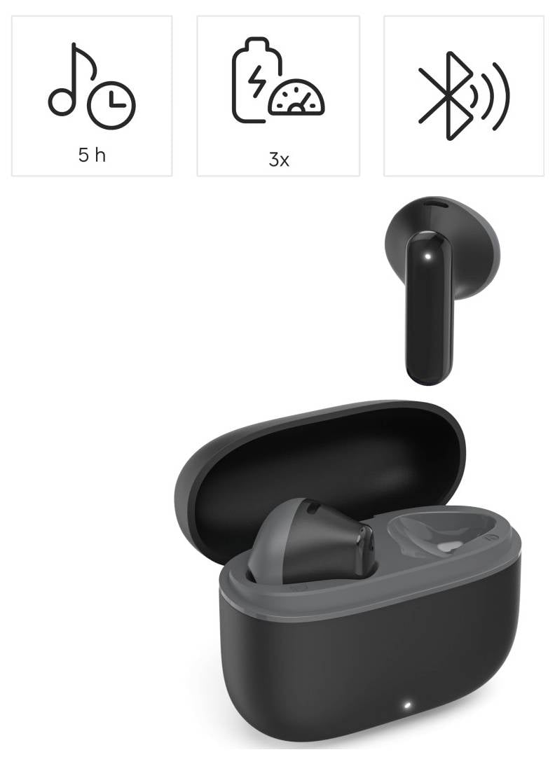 Schwarze echte kabellose Ohrhörer mit Ladekoffer; Symbole zeigen 5-Stunden-Akkulaufzeit, 3-fach zusätzliches Laden und Bluetooth-Konnektivität.