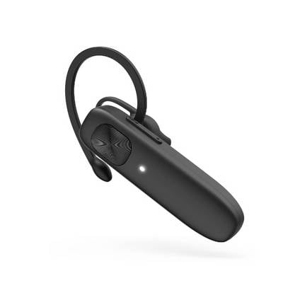 Schwarzes kabelloses Bluetooth-Headset mit Ohrbügel-Tragevorrichtung und sichtbarem Statuslicht, auf weißem Hintergrund dargestellt.