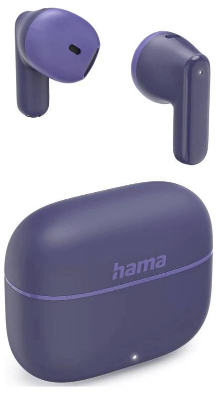 Lila kabellose Ohrhörer mit Ladeetui, Marke "hama", auf weißem Hintergrund dargestellt.