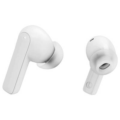 Weiße kabellose Ohrstöpsel aus zwei Winkeln gezeigt, wobei die abgerundeten In-Ear-Spitzen und dünnen Stiele mit einer "L"-Markierung hervorgehoben werden.