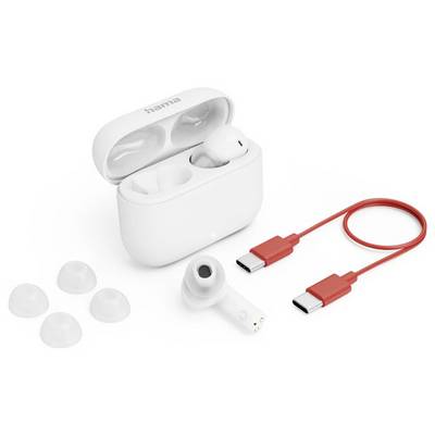 Weiße kabellose Ohrstöpsel in einem offenen Ladekoffer mit drei zusätzlichen Silikon-Aufsätzen und einem roten USB-C-Ladekabel auf weißem Hintergrund.