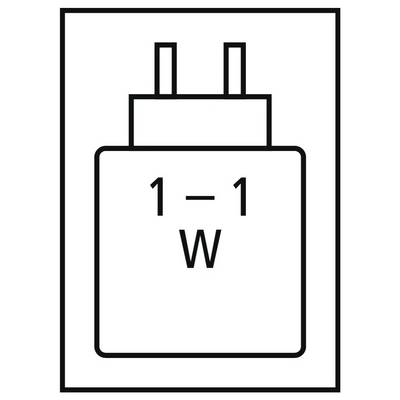 1-1 W Wandladegerät-Symbol mit zwei Stiften, das einen 1-Watt-Stromadapter anzeigt.