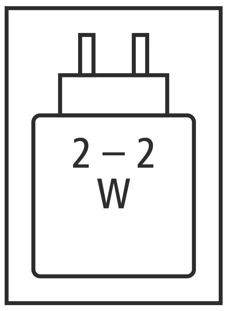 Einfaches Liniensymbol eines 2-Watt-Elektrogeräts oder Ladegeräts mit zwei Stiften, beschriftet mit „2-2 W".