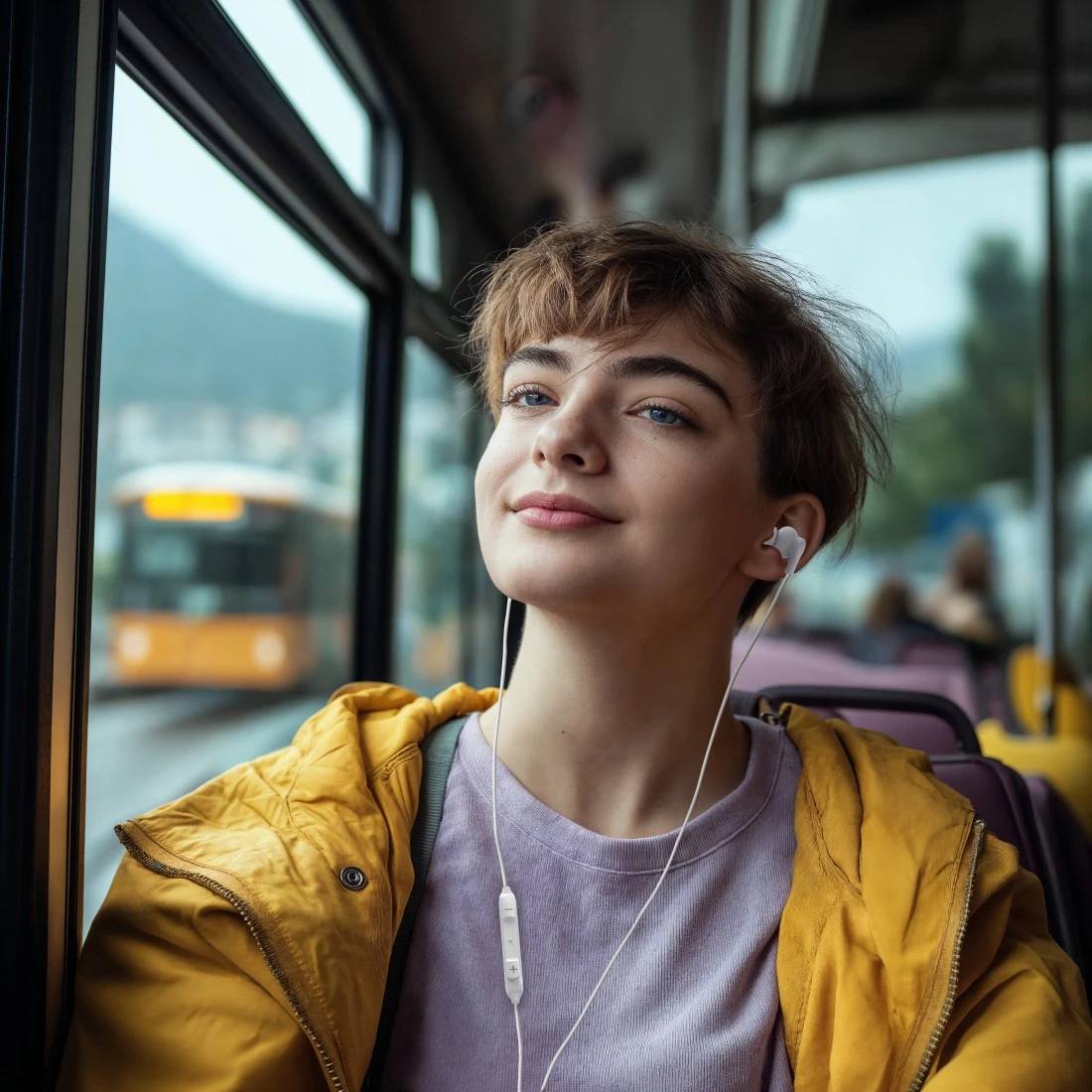 Junge Frau in einer gelben Jacke hört mit Ohrhörern Musik auf einem Bus und schaut aus dem Fenster.