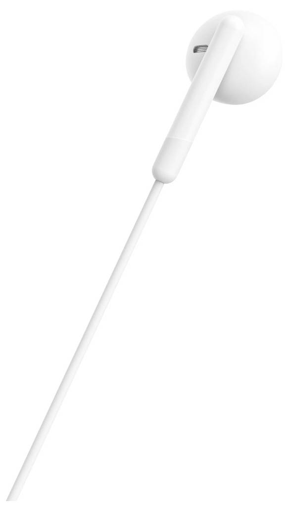 Weiße kabelgebundene In-Ear-Ohrhörer mit einem Ohrhörer und Kabel auf einfachem weißem Hintergrund.